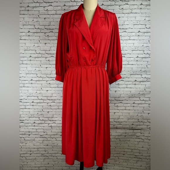 Talbots | Red Vintage Long Sleeve Polyester Midi Dress, petite, size 14P - Picture 1 of 14